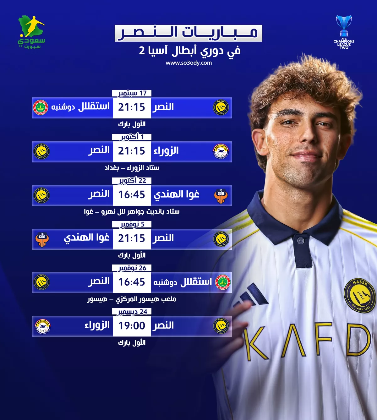 رسميا.. الاتحاد الآسيوي يعلن مواعيد وملاعب مباريات النصر في دوري أبطال آسيا 2