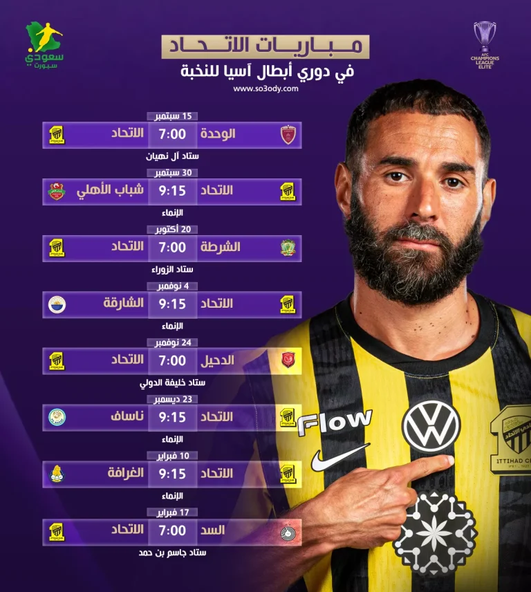 رسميا .. الآسيوي يكشف مواعيد وملاعب مباريات الاتحاد في كأس النخبة