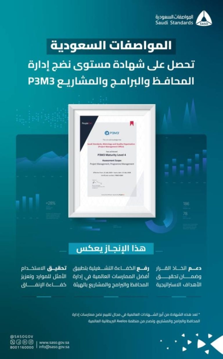المواصفات تحقق إنجازًا مهمًا بحصولها على شهادة النضج المعترف بها دوليًا.