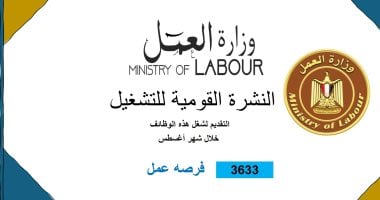 وزارة العمل تعلن توفير 3633 فرصة عمل جديدة فى 34 شركة بـ10 محافظات