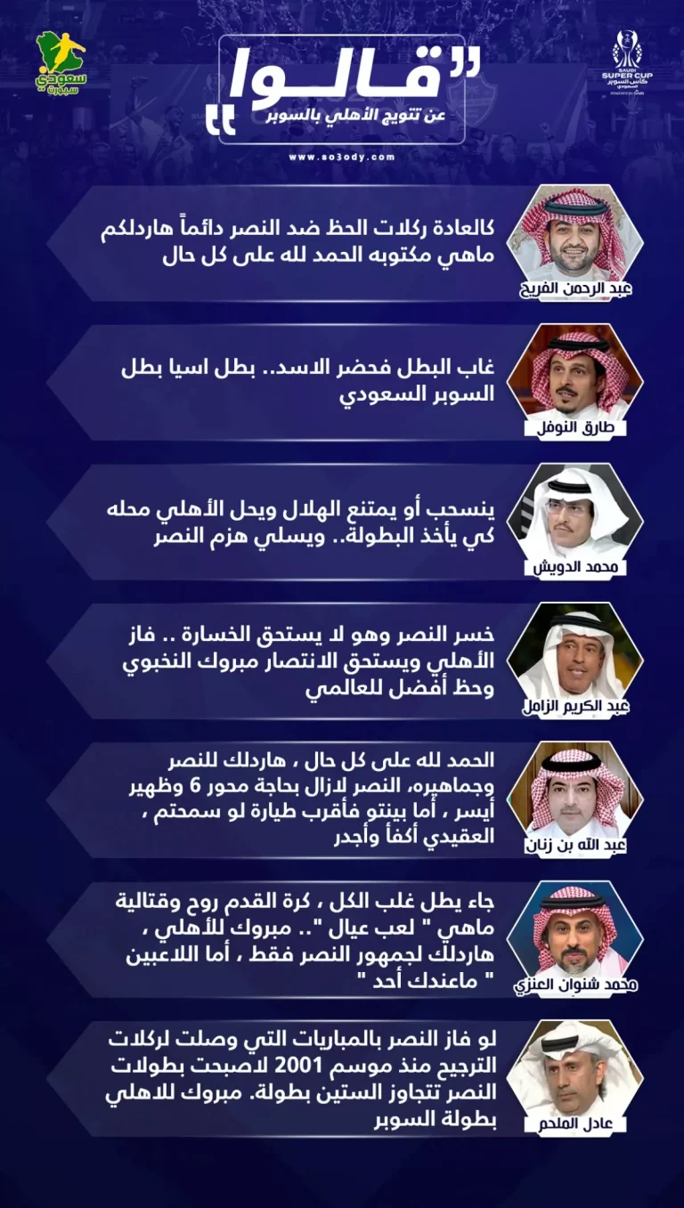 "محترف" النصر في أقرب طيارة والأسد جاء للتتويج.. قالوا عن تتويج الأهلي بالسوبر السعودي