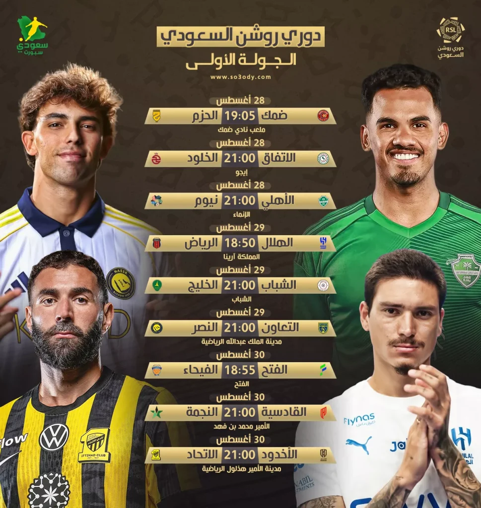 مواعيد الجولة الأولى لدوري روشن: الأهلي يواجه بطل يلو والهلال يستعد لديربي الرياض