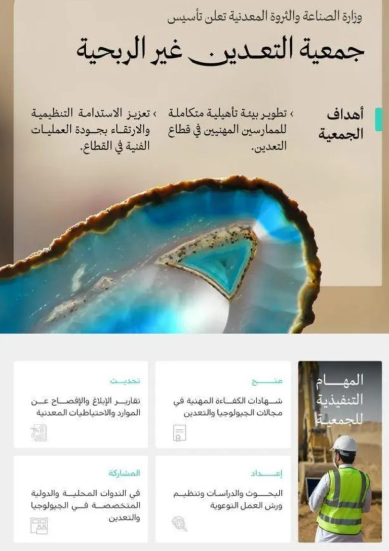 وزارة الصناعة تُعلن عن إنشاء جمعية غير ربحية تعنى بمجال التعدين في الدولة.