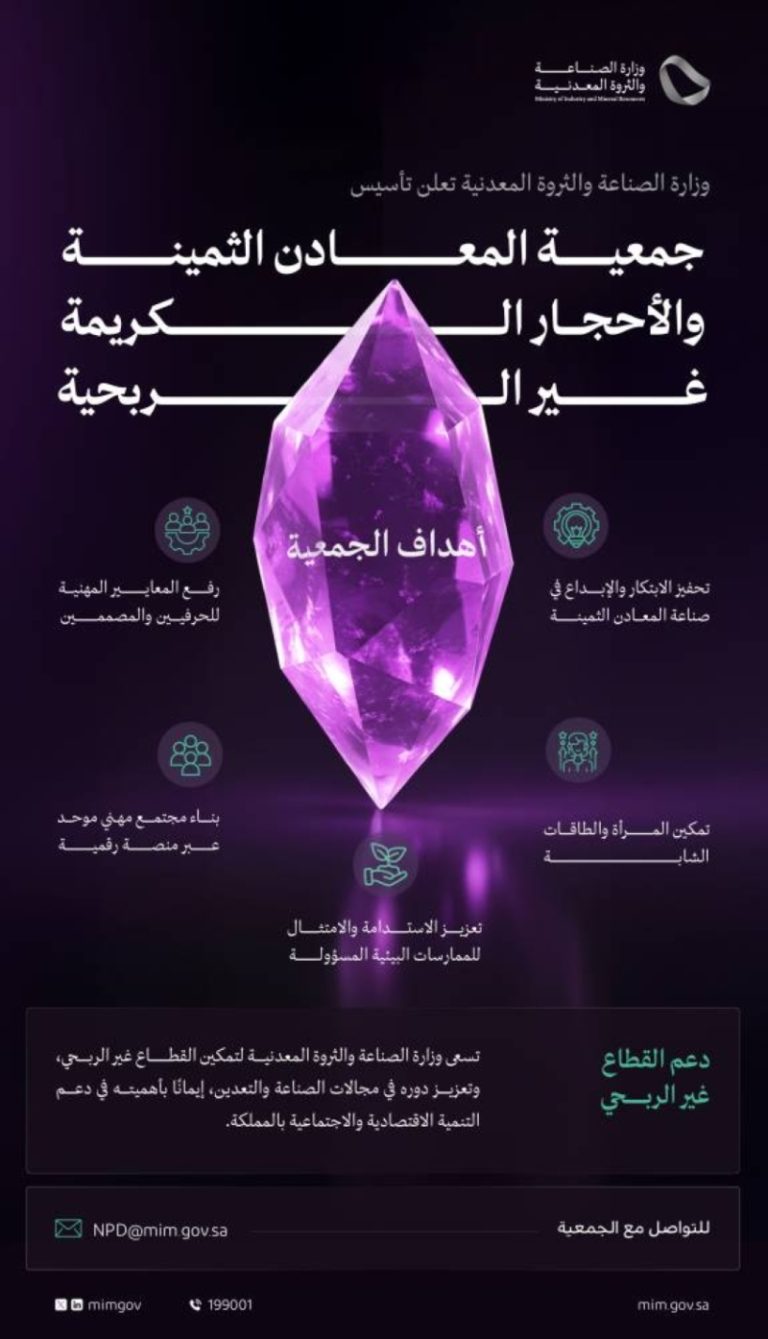 وزارة الصناعة والثروة المعدنية تُطلق جمعية غير ربحية للمعادن الثمينة والأحجار الكريمة.